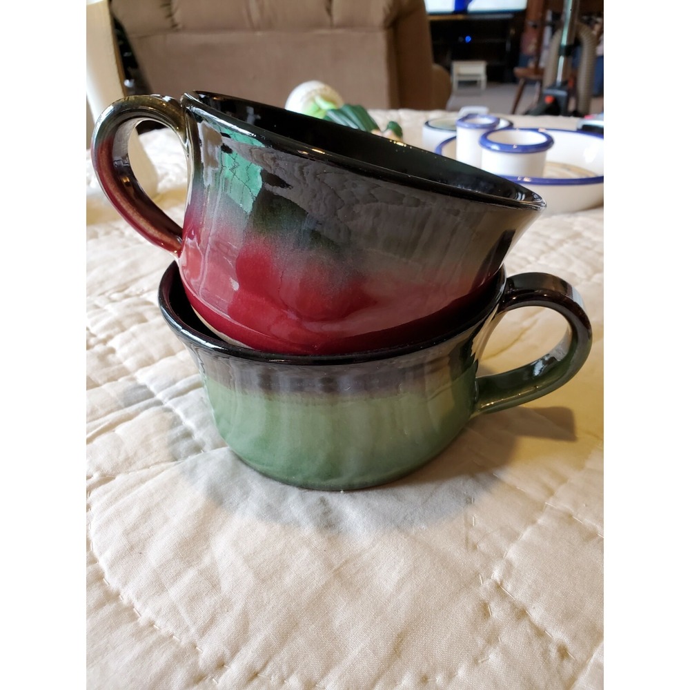2 Mugs soup Hand Crafted Folk Art Studio Pottery Hickory Hill Daniel Marley Sign